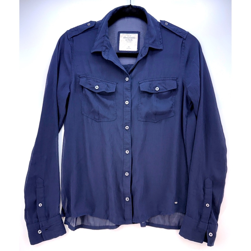 Abercrombie Fitch Navy Sheer Button Up Blouse Sz XS Y2K Office Siren Preppy Chic
